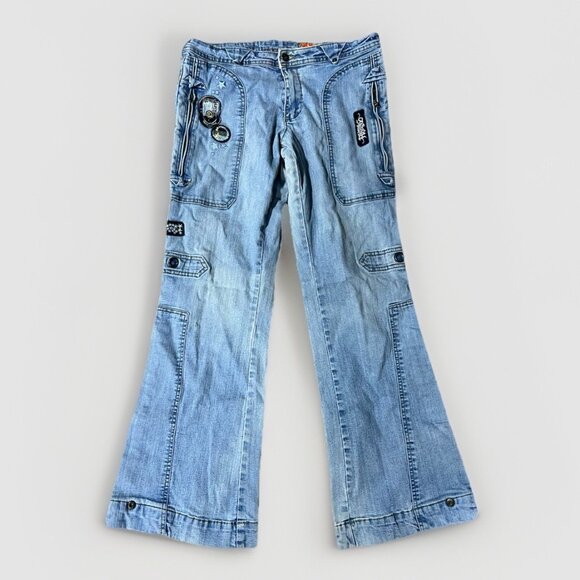 Akademiks Denim - Vintage Y2K Akademiks AKDMKS Flare Patch SZ 15 33” waist Jeans Streetwear 90s